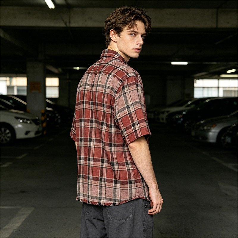 Distressed Spray Dye Plaid Short Sleeve Shirt