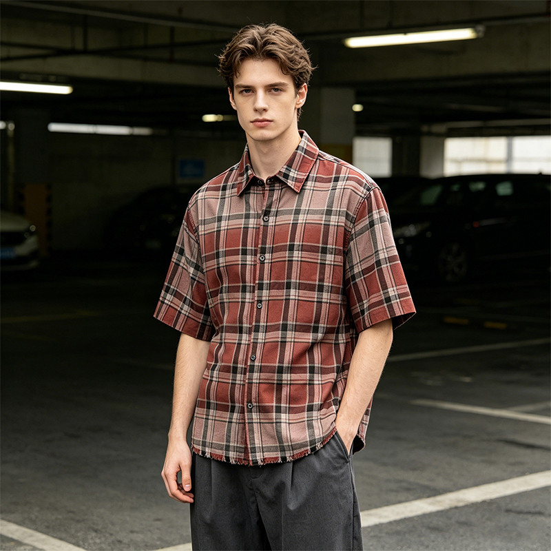 Distressed Spray Dye Plaid Short Sleeve Shirt