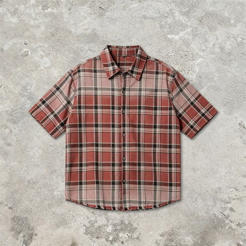 Distressed Spray Dye Plaid Short Sleeve Shirt | Frayed Raw Edge | 100% Cotton Woven Plaid Fabric | OEM Streetwear