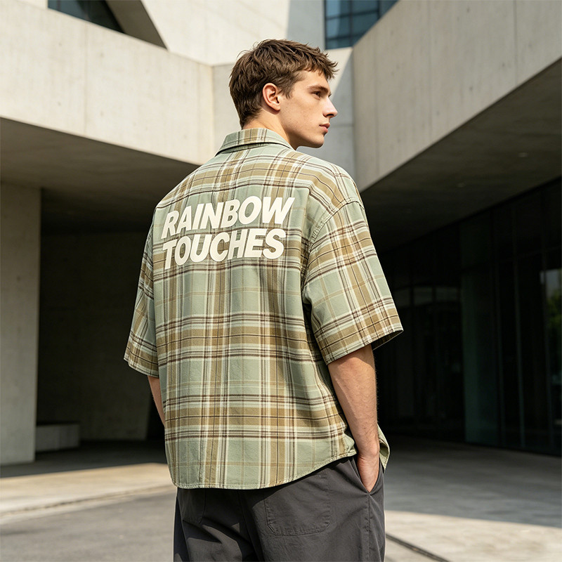 Screen Print Plaid Short Sleeve Shirt
