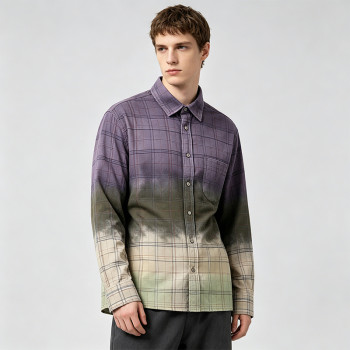 Gradient Spray Dye Plaid Long Sleeve Shirt | 100% Cotton Single Chest Pocket Turn-down Collar Top | OEM Streetwear