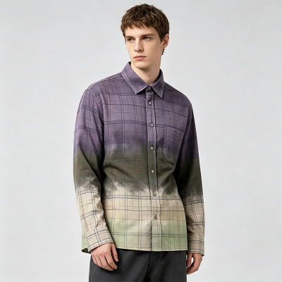 Gradient Spray Dye Plaid Long Sleeve Shirt | 100% Cotton Single Chest Pocket Turn-down Collar Top | OEM Streetwear