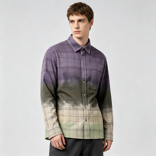 Gradient Spray Dye Plaid Long Sleeve Shirt | 100% Cotton Single Chest Pocket Turn-down Collar Top | OEM Streetwear