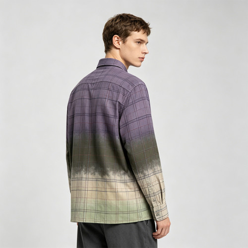 Gradient Spray Dye Plaid Long Sleeve Shirt | 100% Cotton Single Chest Pocket Turn-down Collar Top | OEM Streetwear