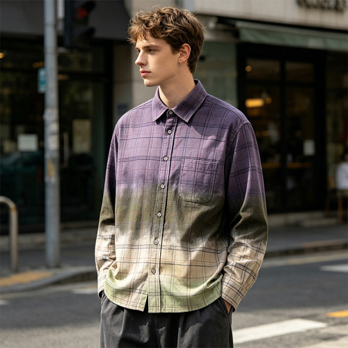Gradient Spray Dye Plaid Long Sleeve Shirt | 100% Cotton Single Chest Pocket Turn-down Collar Top | OEM Streetwear