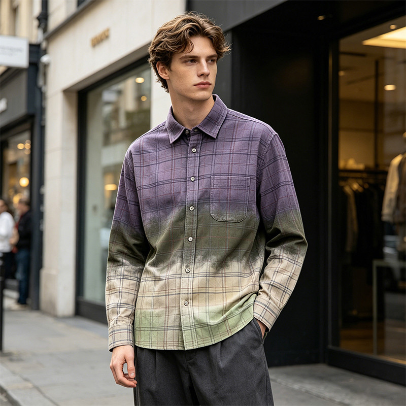 Gradient Spray Dye Plaid Long Sleeve Shirt