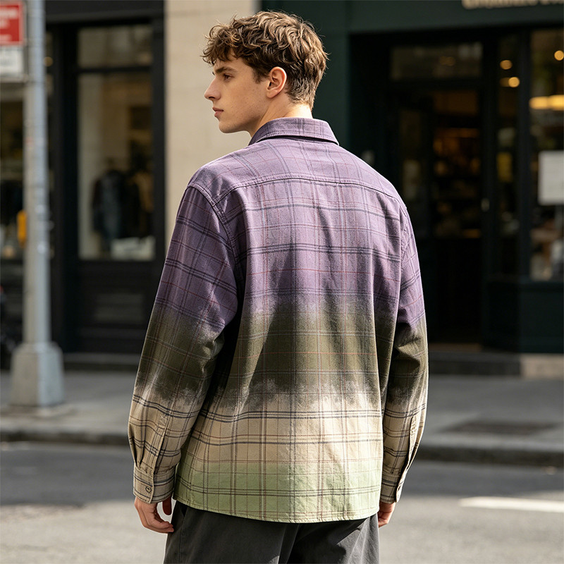 Gradient Spray Dye Plaid Long Sleeve Shirt