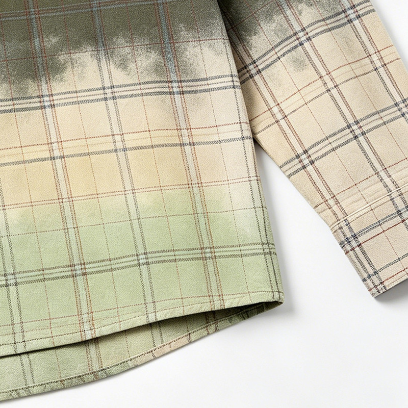 Gradient Spray Dye Plaid Long Sleeve Shirt