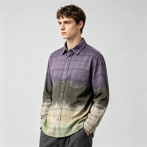 Gradient Spray Dye Plaid Long Sleeve Shirt | 100% Cotton Single Chest Pocket Turn-down Collar Top | OEM Streetwear