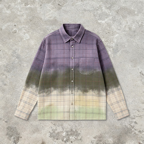 Gradient Spray Dye Plaid Long Sleeve Shirt | 100% Cotton Single Chest Pocket Turn-down Collar Top | OEM Streetwear