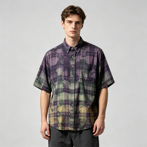 Spray Dye Plaid Short Sleeve Shirt | 100% Cotton turn-down collar | Custom Streetwear Manufacturer