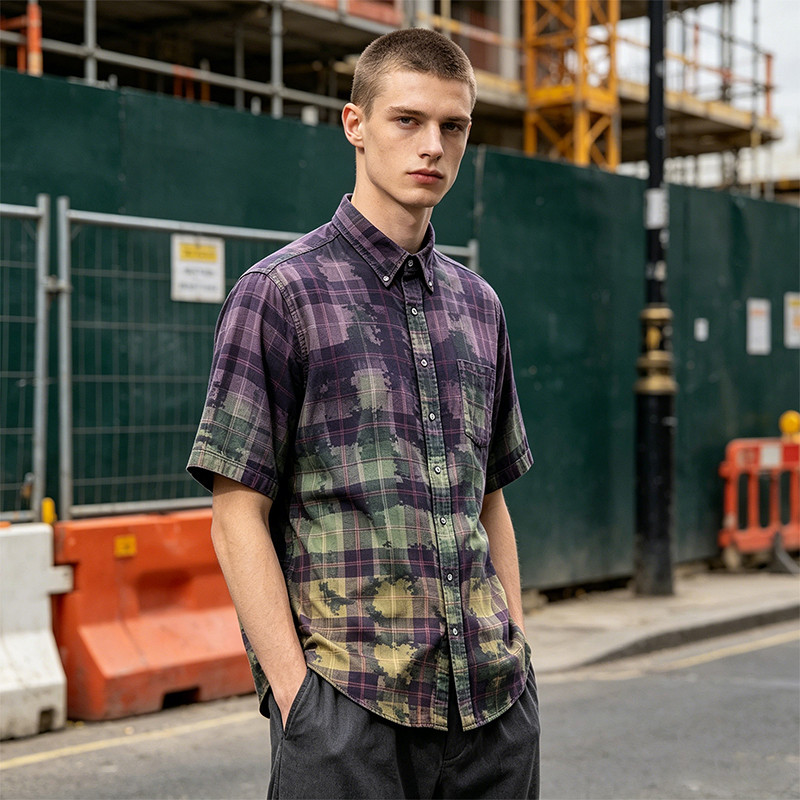 Spray Dye Plaid Short Sleeve Shirt