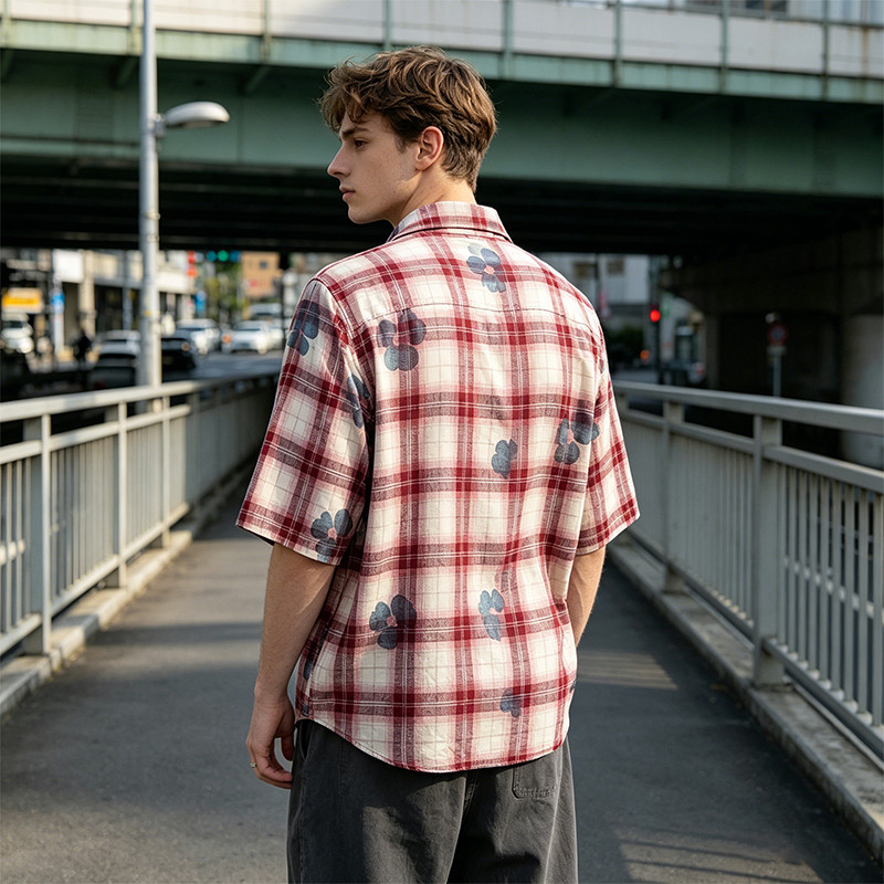 Heat Transfer Print Floral Plaid Short Sleeve Shirt