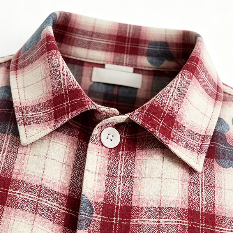 Heat Transfer Print Floral Plaid Short Sleeve Shirt