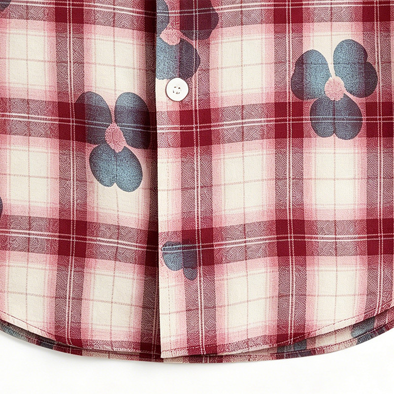 Heat Transfer Print Floral Plaid Short Sleeve Shirt