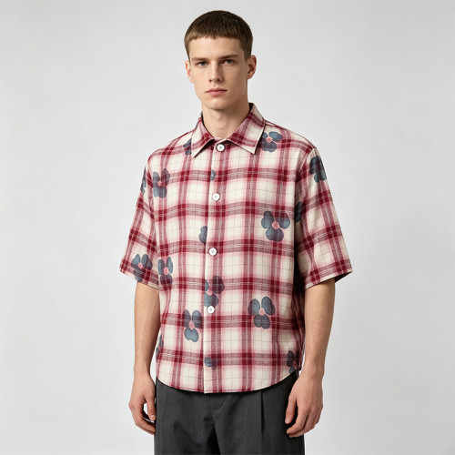 Heat Transfer Print Floral Plaid Short Sleeve Shirt | 100% Cotton | Custom Streetwear Manufacturer