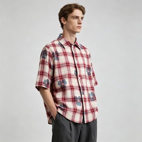 Heat Transfer Print Floral Plaid Short Sleeve Shirt | 100% Cotton | Custom Streetwear Manufacturer