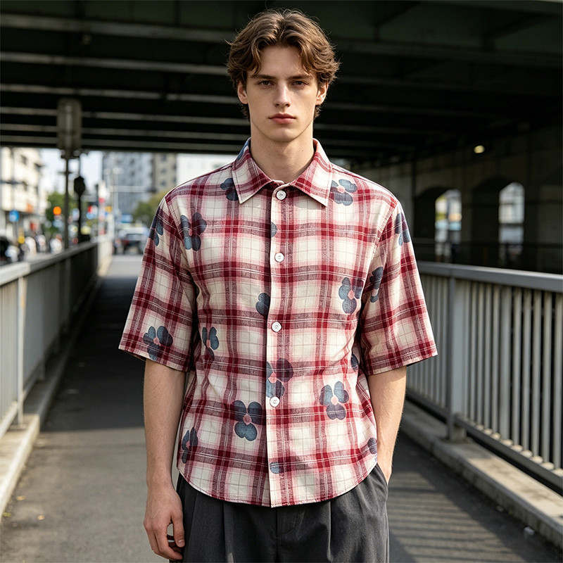 Heat Transfer Print Floral Plaid Short Sleeve Shirt