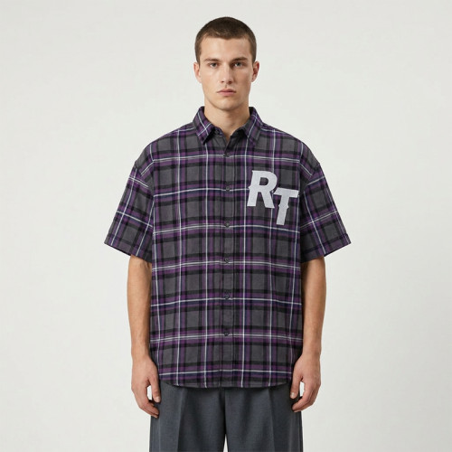 Chest RT Letter Screen Print Purple Plaid Short Sleeve Shirt | Oversized Fit | OEM Streetwear