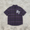 Chest RT Letter Screen Print Purple Plaid Short Sleeve Shirt | Oversized Fit | OEM Streetwear