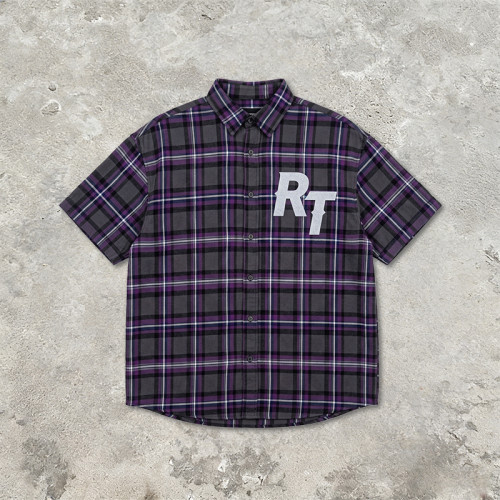Chest RT Letter Screen Print Purple Plaid Short Sleeve Shirt | Oversized Fit | OEM Streetwear