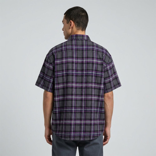 Chest RT Letter Screen Print Purple Plaid Short Sleeve Shirt | Oversized Fit | OEM Streetwear