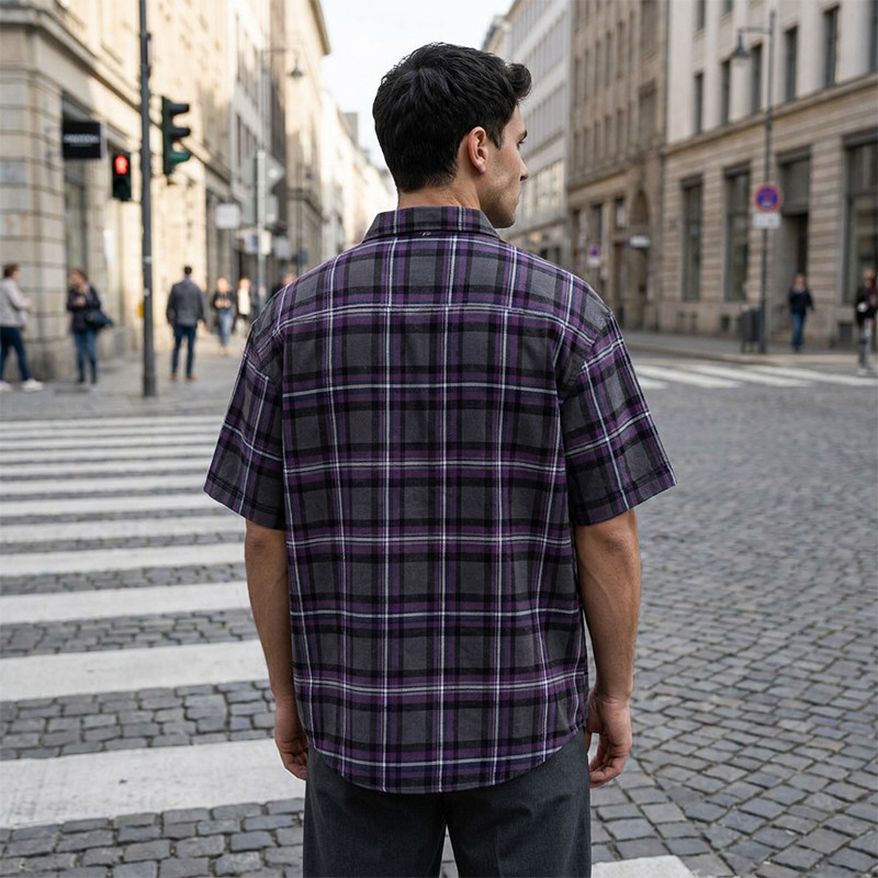 Chest RT Letter Screen Print Purple Plaid Short Sleeve Shirt