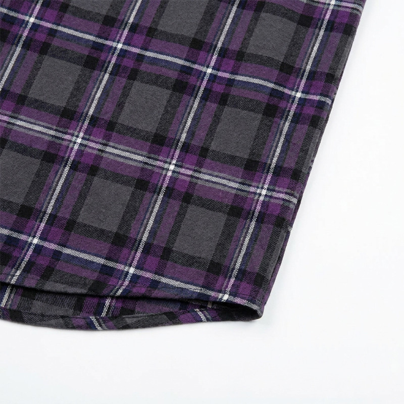 Chest RT Letter Screen Print Purple Plaid Short Sleeve Shirt