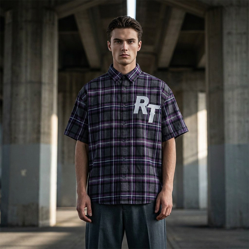 Chest RT Letter Screen Print Purple Plaid Short Sleeve Shirt