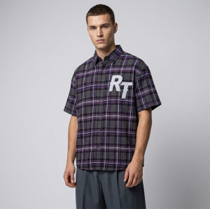 Chest RT Letter Screen Print Purple Plaid Short Sleeve Shirt | Oversized Fit | OEM Streetwear
