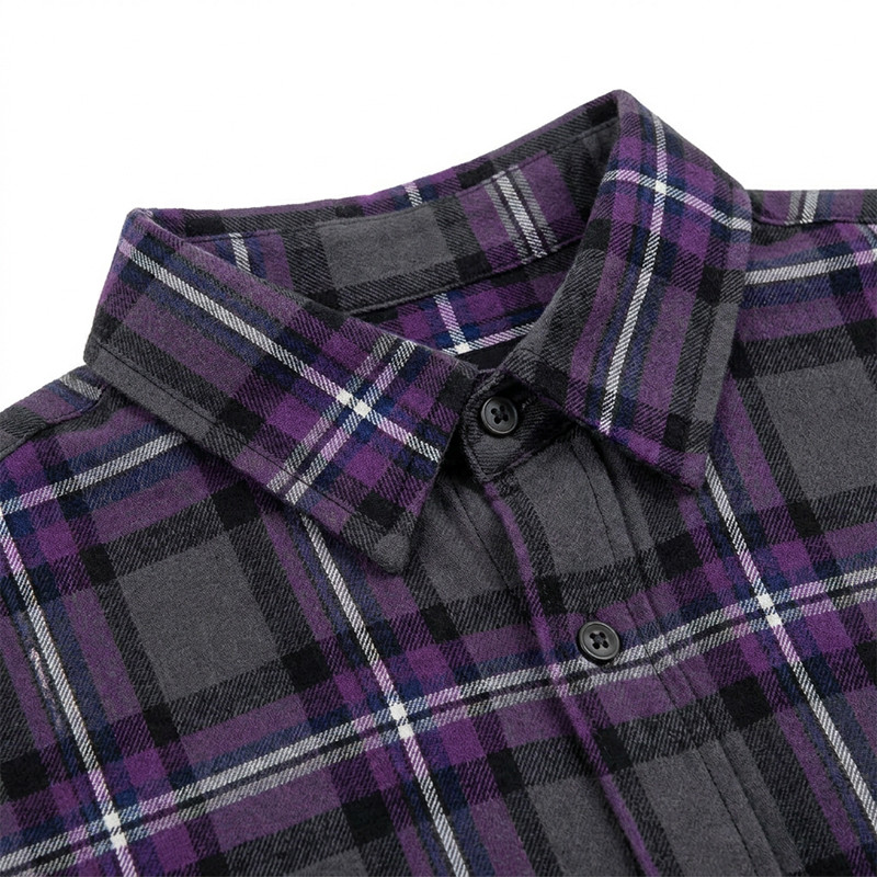 Chest RT Letter Screen Print Purple Plaid Short Sleeve Shirt