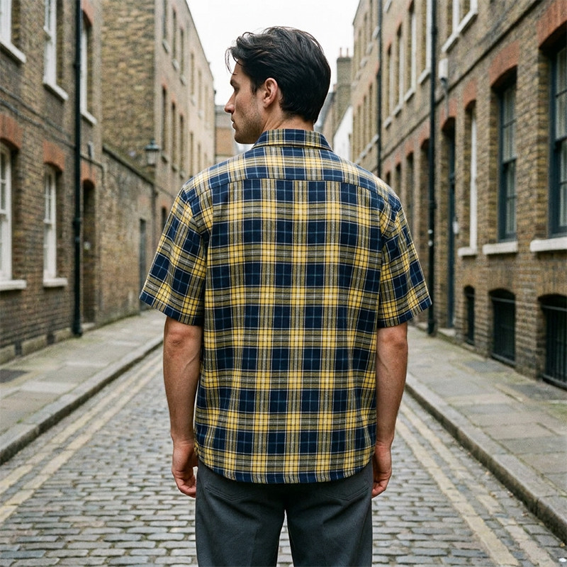 Spray Dye Screen Print Plaid Short Sleeve Shirt