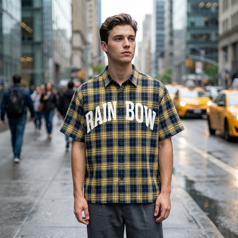 Spray Dye Screen Print Plaid Short Sleeve Shirt