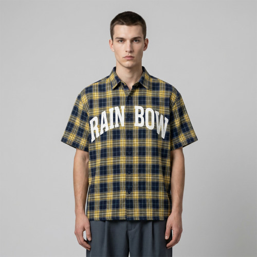 Spray Dye Screen Print Plaid Short Sleeve Shirt | Oversized Fit | Retro Hip Hop Casual Streetwear | Streetwear Manufacturer