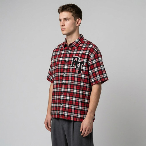 Applique Red Plaid Short Sleeve Shirt | Oversized Fit | Custom Streetwear Manufacturer