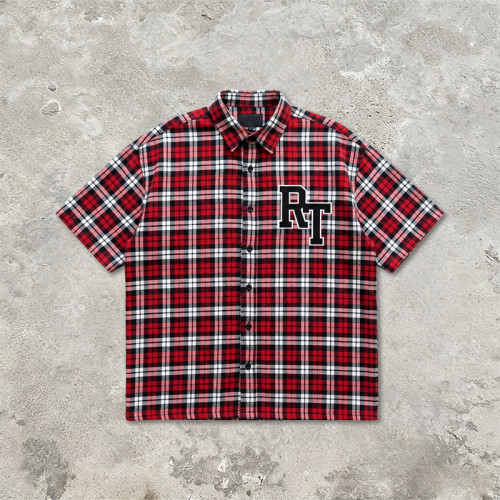 Applique Red Plaid Short Sleeve Shirt | Oversized Fit | Custom Streetwear Manufacturer
