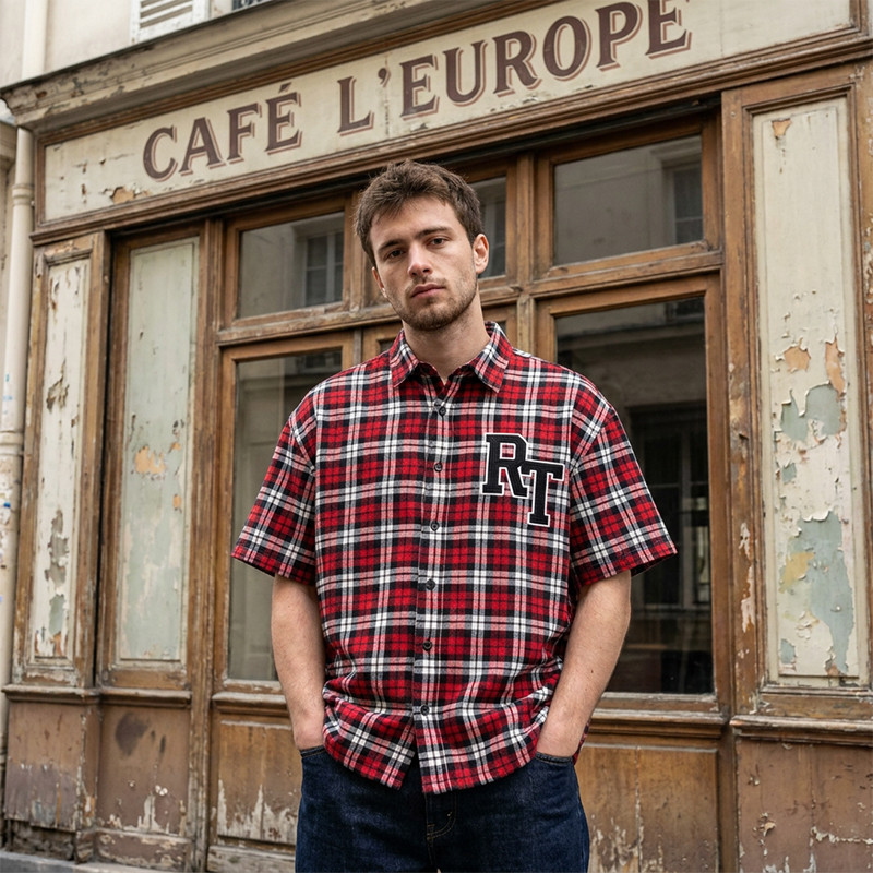 Applique Red Plaid Short Sleeve Shirt