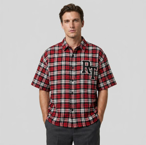 Applique Red Plaid Short Sleeve Shirt | Oversized Fit | Custom Streetwear Manufacturer