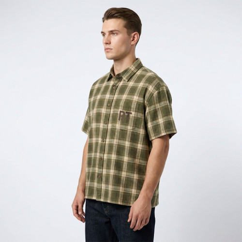 Short Sleeve Screen Print Plaid Shirt | Oversized Fit Casual Top | OEM Streetwear