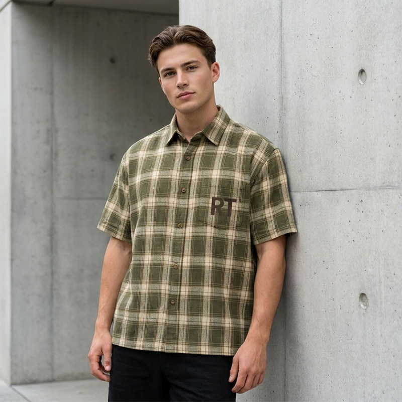 Short Sleeve Screen Print Plaid Shirt