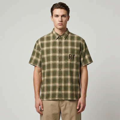 Short Sleeve Screen Print Plaid Shirt | Oversized Fit Casual Top | OEM Streetwear