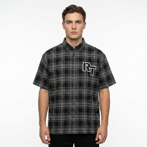 Applique RT Logo Plaid Short Sleeve Shirt | Casual Streetwear | Custom Streetwear Manufacturer