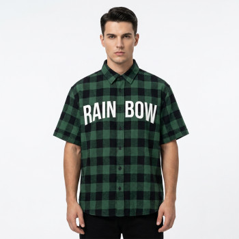 Front Letter Screen Print Plaid Short Sleeve Shirt | Oversized Fit | Turn-down Collar Button Top | OEM Streetwear