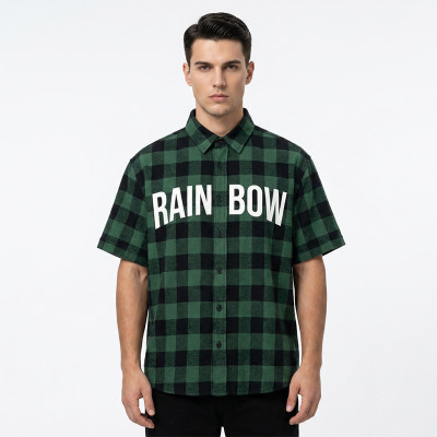 Front Letter Screen Print Plaid Short Sleeve Shirt | Oversized Fit | Turn-down Collar Button Top | OEM Streetwear