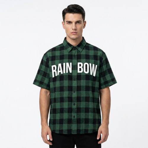 Front Letter Screen Print Plaid Short Sleeve Shirt | Oversized Fit | Turn-down Collar Button Top | OEM Streetwear