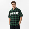 Front Letter Screen Print Plaid Short Sleeve Shirt | Oversized Fit | Turn-down Collar Button Top | OEM Streetwear