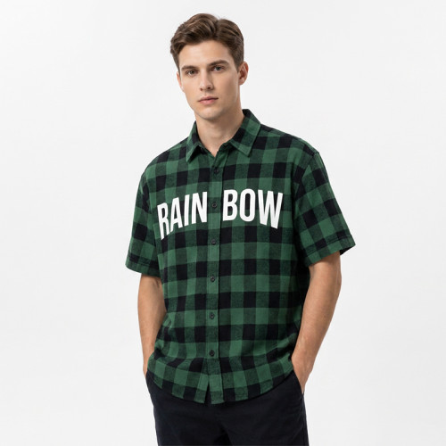 Front Letter Screen Print Plaid Short Sleeve Shirt | Oversized Fit | Turn-down Collar Button Top | OEM Streetwear