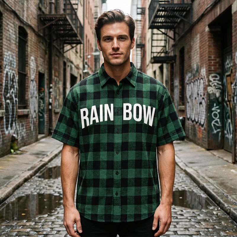 Front Letter Screen Print Plaid Short Sleeve Shirt