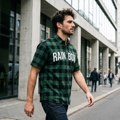 Front Letter Screen Print Plaid Short Sleeve Shirt | Oversized Fit | Turn-down Collar Button Top | OEM Streetwear