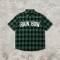 Front Letter Screen Print Plaid Short Sleeve Shirt | Oversized Fit | Turn-down Collar Button Top | OEM Streetwear